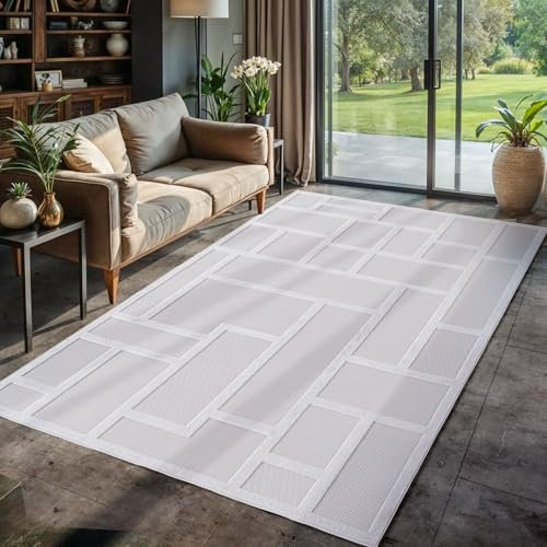 Carpettex Indoor Outdoor Teppich wetterfest 240x340 cm, 3D Optik, Kariert-Boho Design, waschbar, wetterbeständiges, Natur Creme Farbe, Teppich Wohnzimmer, Terrasse, großer Teppich