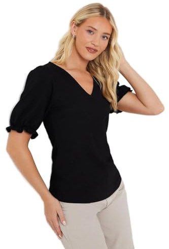 Dorothy Perkins V Neck Shirred Cuff Short Sleeve Top, M, black