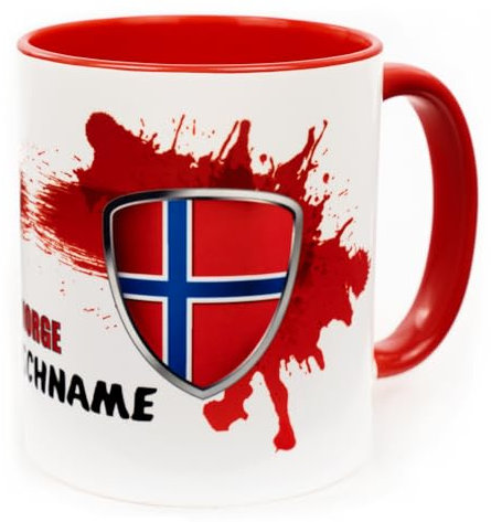 Norwegen Tasse mit Namen personalisiert Norge Norway Wappen norwegische norsk koppe Flagge Fahnen Fanartikel Produkte 2025 Getränke Becher Geschenk Mann Frau Geburtstag Fussball Produkt Keramik 330 ml
