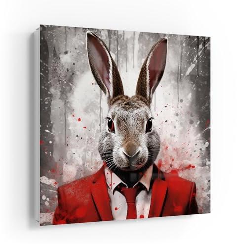 DEQOART Schlüsselkasten weiß | 30x30 cm | Motiv Eleganter Hase in Rot | Glas & Metall Schlüssel-Box | Schlüsselschrank mit 50 Haken + 2 Magnete | Moderne Design Box magnetisch & beschreibbar
