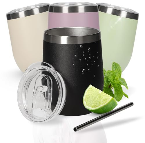 Weinbecher 350 ml 'Vinova' - doppelwandiger Edelstahlbecher hält Getränke lange kalt - Trinkbecher mit Deckel und Strohhalm - Becher als perfekte Geschenkidee für den Sommer, Farbe:schwarz