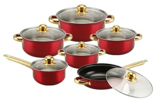 Juego De 12 Ollas De Cocina De Acero Inoxidable Antiadherentes De Colores con Mango Dorado, Color Rosa(Rojo-12 Piezas)