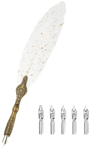 PATIKIL 24,5cm/9,6 Kalligrafie Federkiel Schreibfeder Vintage Federhalter Mit 5 Ersatzfedern Für Kalligrafie Schreiben Hochzeit Büro Geschenke Weiß