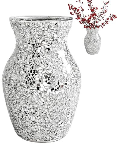 Mafagwre Blumenvase, 20 cm Silberne Vase, Silver Glass Decorative Vase, Böhmische Mosaikglasvase, Discokugel Blumentopf, Moderner Disco-Übertopf, Silberfarbene Crackle-Glasvase Für Zuhause (A)