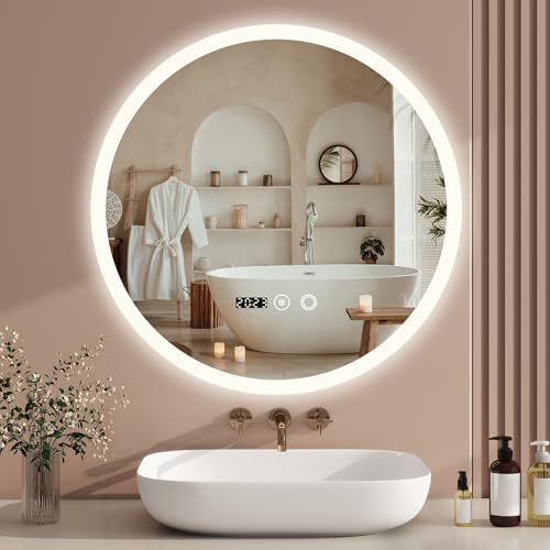 YOURLITE 500mm Round Bathroom Mirror with LED Light, Illuminated Wall Mounted Vanity Mirror with Demister, Anti-Fog Large Circle Makeup Mirror, 3-Color Dimmable LED Light, Touch Control, IP44