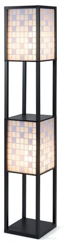 COSTWAY 2 flammige Stehlampe mit Regal, 156cm Stehleuchte mit 2 Muster-Lampenschirmen & Fußschalter, Holzregal Lampe Standleuchte für Wohnzimmer & Schlafzimmer (Würfel)