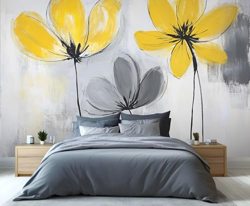 YXQAIED Yellow Flower Wallpaper, Yellow and Gray Mural & Home Decor, Cartoon Floral Wallpaper Wall Murals for Bedroom Living Room Decor (Not Peel and Stick)