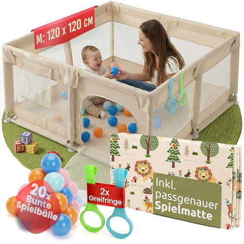 Mallie® Laufstall Baby 120x120cm Beige inkl. Matte & 20 Bälle – Laufgitter mit Leinen Gewebe, Playpen, Kinder-Zaun, ställe & Play Pen, 15-Min Aufbau mit Video-Anleitung