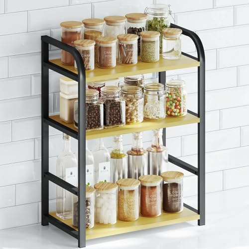 Kitchen Shelf Organiser Coffee Station - 3 Tier Spice Rack Storage Cupboard | Black Wooden Shelves for Counter Top Organizer - Small Desk Worktop Organisation Unit Free Standing Coffe Bar Accessories