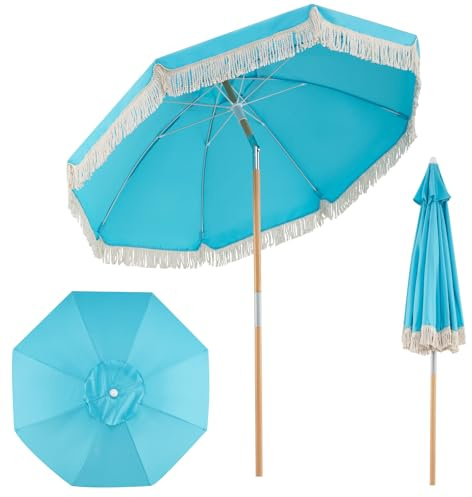 COSTWAY Ombrellone da Spiaggia 180 cm, Inclinabile Regolabile 30°, Palo in Legno, 8 Stecche in Fibra di Vetro, Ombrellone per Giardino, Piscina, Terrazza (Blu)
