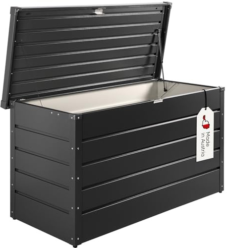 Sunny Garden Premium Gartenbox | 134L x 62B x 74H | 462 Liter | Größe M | Auflagenbox wasserdicht | Kissenbox Outdoor | Aufbewahrungsbox Garten | aus Metall | Anthrazit | Deckel mit Gasdruckfeder