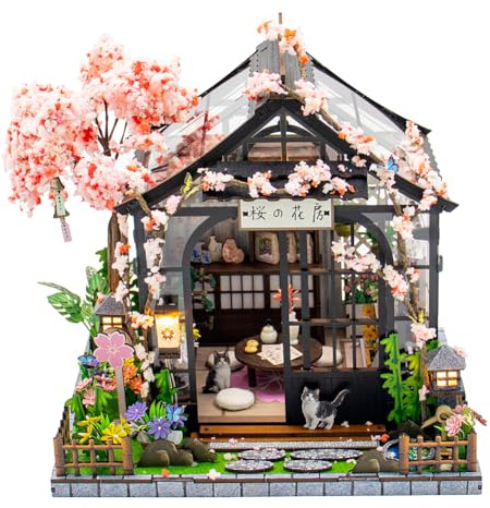Cjeuxnr DIY Miniature Dollhouse Kit, Japanese Sakura Greenhouse, 3D Wooden Model, Art Deco Style, Creative Gift for Adults (Without dust Cover)