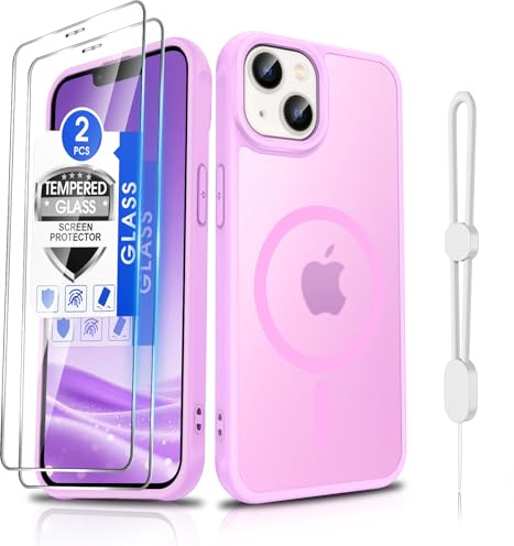 Dizn Magnetic Case for iPhone 13/iPhone 14 i Phone Cases with 2 Tempered Glass, Compatible with Mag Safe Wireless Charging,Phone Lanyard Wrist, Matte Translucent, Cover for iPhone13/iPhone14,Pink
