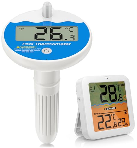 Lomffy Thermomètre Piscine Flottant, IPX68 Étanche Thermomètre de Piscine Sans Fil Numérique avec Grand Écran LCD Thermomètre Numérique Flottant Sans Filavec Cordon, Connexion sans fil de 100M