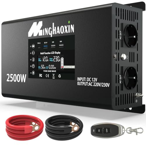 Wechselrichter 12v auf 230v Reiner Sinus 2500W Spannungswandler Inverter | mit Fernbedienung, LCD-Display, 2 EU Steckdose 3 USB, USB-C Port, für Auto, Wohnwagen, Boot, Camping