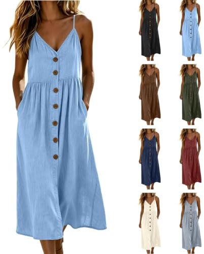 Wgtfot Sommerkleid Damen Lang Boho Strandkleid mit Taschen Elegant Einfarbige Abendkleid Sexy Ärmellos Freizeitkleid Luftig Leichte Trägerkleid mit verstellbaren Trägern Bequeme Baumwolle Maxikleid