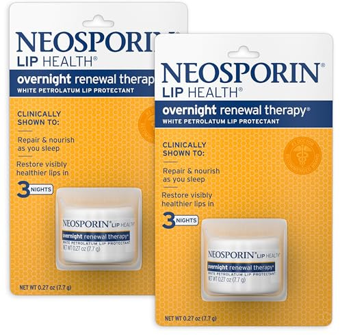 Neosporin Lip Health Overnight Renewal Therapy White Petrolatum Protectant and Moisturizer to Nourish & Repair Dryness, Helps Relieve, Prevent, Hydrate, & Protect, 0.27 oz, 2 Pack