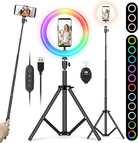 YISSVIC Ringlicht, 25,4 cm, RGB, 26 Farben, 10 Helligkeitsstufen, mit verstellbarem Stativ, Fernbedienung für Selfie YouTube Video