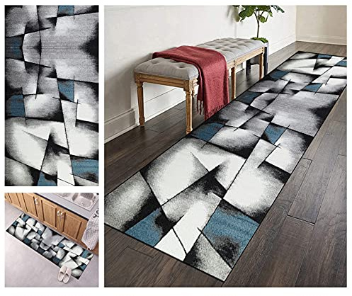 ZVEZVI Teppich Läufer Flur Küche rutschfest Waschbar Grau und Blau 60X350CM Vintage Meterware, Teppichläufer Kücheläufer Polyester Anpassbar