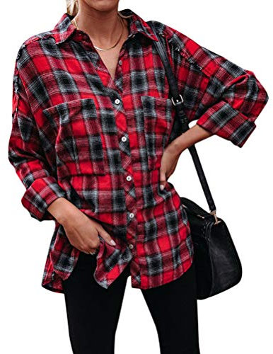 Onsoyours Femmes Chemisier Rayures Carreaux Surchemise en Laine Chemisier Carreaux Femme Chemise Bucheron Ecossaise Blouse Gilet T Shirt Casual Vintage (XXL, Rouge)
