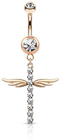 Treuheld® Bauchnabelpiercing mit Flügel-Kreuz und Kristallen | 3 Farben [03.] - rosegold