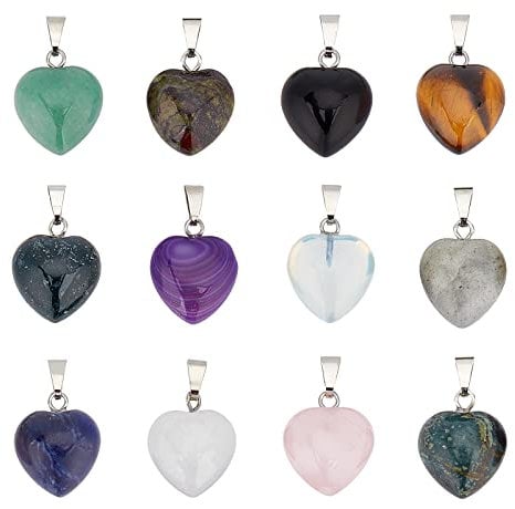 SUPERFINDINGS 12 Stück 12 Stile Herz Messing Edelstein Anhänger Naturkristall Stein Charms Mit Platin Messing Schleifen Herzform Quarzstein Für DIY Schmuckherstellung