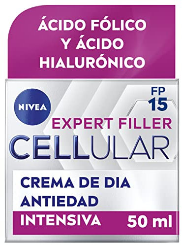 NIVEA Cellular Expert Filler - Crema de Día FP15 - Antiarrugas - Efecto Rellenador 24h - Con Ácido Hialurónico y Ácido Fólico - Crema Antiedad - Protección Solar - Todo Tipo de Pieles - 50 ml