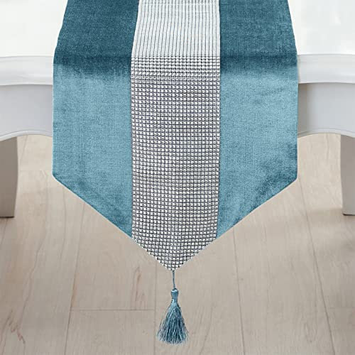Deggodech Blau Tischläufer mit Quaste 32 x 210 cm Lang Modern Glitter Tischläufer Silber Diamant Table Runner für Küchentisch, Kaffeetisch, Kommode,Weinschrank Dekoration (210cm, Blau)