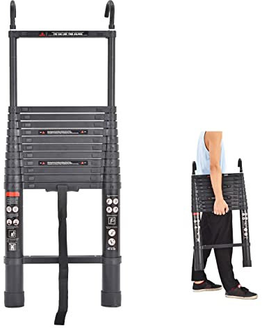 5M Teleskopleiter Stufenleiter mit 2 Haken, 150kg Tragfähigkeit Mehrzweck-Faltleiter Aluminium Teleskop Portable Loft Leiter EN131 für DIY Haus Büro Garten Dachboden Leiter, Schwarz