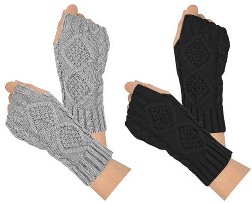 Fingerlose Handschuhe Damen 2 Paar, Moseem Handschuhe ohne Finger Winterhandschuhe, Klassische Strick Halb Handschuhe Armstulpen für Damen und Mädchen(Schwarz+Hellgrau)