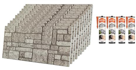IZODEKOR Lot de 10 panneaux muraux 3D en polystyrène imitation pierre pour cuisine, balcon, chambre à coucher, salon et crédence de cuisine, arrière-cour, 10 panneaux avec 4 adhésifs de montage
