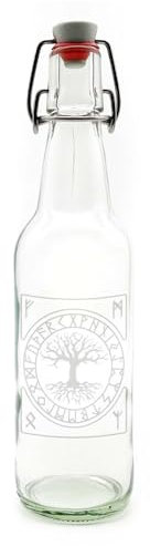 Samunshi® Wikinger Glas Flasche mit Yggdrasil und Runen Gravur als Motiv Trinkflasche für Schule Sport Freizeit 500ml Weißglas