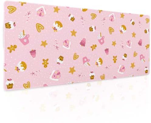 Pink Christmas Gaming Mouse Pad XL Cute Kawaii Cupcake Gingerbread Extended Big Large Desk Mat Non-Slip Rubber Base Stitched Edge Xmas Holiday Long Keyboard Mousepad for Computer Laptop,31.5×11.8 in