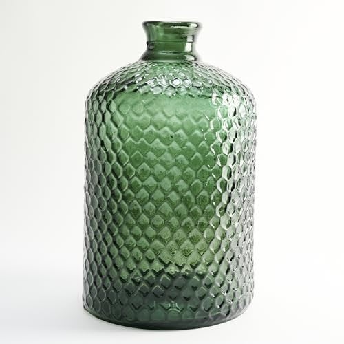 Grande Bouteille en Verre recyclé avec Motif Flocon en Relief - Verseuse Artisanale en Verre de Style méditerranéen pour décoration de Maison comme Vase (Vert Olive)