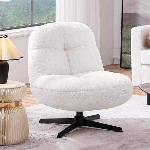 Yaheetech Boucle Tub Chair, 360 Degree Swivel Accent Chair Fuzzy Upholstered Living Room Armless Foldable Vanity Chair for Bedroom Lounge, White