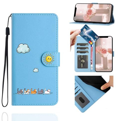 Jeffene Coque Portefeuille pour Samsung Galaxy A14 4G(6,6Pouces),Étui à Rabat Housse en Cuir,Chat Mignon Pochette Carte Magnétique de Protection Cover Case Antichoc pour Samsung Galaxy A14 5G,Bleu