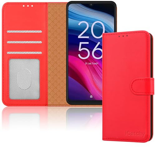 iCatchy For TCL 505 Case Leather Wallet Book Card Slots Magnetic Closure Kickstand Shockproof RFID Blocking Protective Phone Cover for TCL 505 (Red)