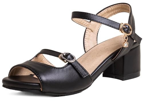 OALEEN Sandales Nu-pieds Femme Eté Petit Talon Carré Bride Cheville Boucle PU Cuir Confortable Chaussures Ouverte Soirée Noir 38