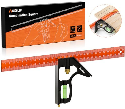 AojSup Kombinationswinkel 12Inch/300mm, Anschlagwinkel Universalwinkel mit Wasserwaage und Anreissnadel, Edelstahl 90/45 Grad Messwerkzeug, Präzise Kombiwinkel mit Linealanschlag - Edelstahl