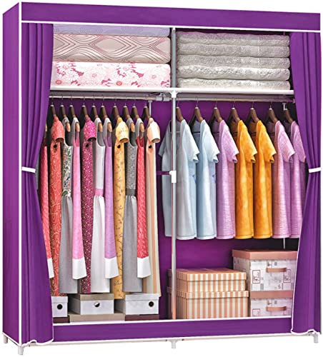 Kleiderschrank Tragbare Kleiderschrankregale, Stoffschrank mit Kleiderstange, Kleiderschrank-Aufbewahrungsorganizer für Schlafzimmer, Wohnzimmer, Lila-130x46x168cm