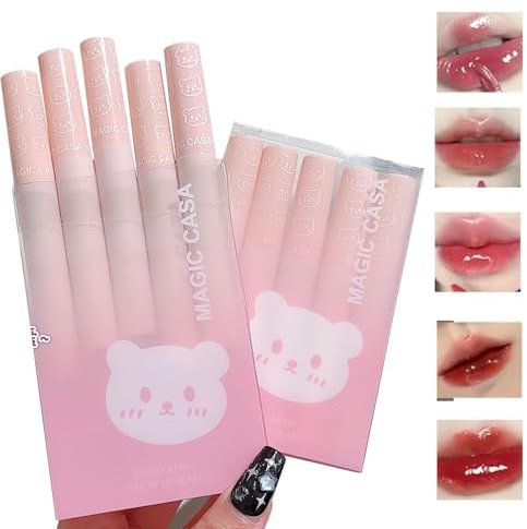Gireatick 5pcs Mirror Water Lipgloss Glas Lippenstift Set, Cute Bear Lip Glaze Jelly Lippenstift, Feuchtigkeitsspendender Lang Anhaltender Flüssiger Lippenstift im Koreanischen Stil, Feuchtigkeitsspen