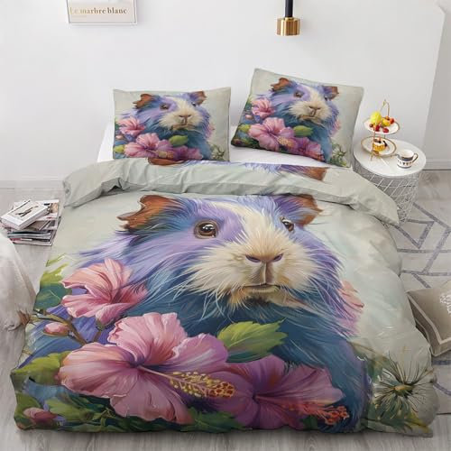 Generisch Bettwäsche 155x220 Meerschweinchen, Blumentier Bettbezug 2er Set, Wendebettwäsche und 1 Kissenbezug 80x80, Weiche Bügelfreie Mikrofaser Bettwäsche-Sets mit Reißverschluss (L&-4510)