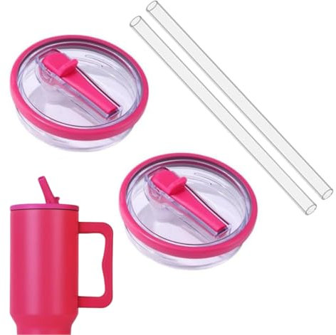 Ersatzdeckel für 40oz Becher, 2 Stück Wiederverwendbarer Auslaufsichere und Staubdichte Tumbler Abdeckungen Becher mit Strohhalm Deckel Ersatzdeckel für Stanley Cup Zubehör (Rosa 2)