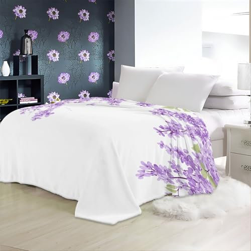 Bedruckte Decke Blumendruck Lila Flieder Blumen Flauschig Halloween Blanket Kuscheldecke Herbst Decke Lila Plüsch, warme Decken für Bett, Couch, Wohnzimmer, Sofa Stuhl 180 x 220 cm