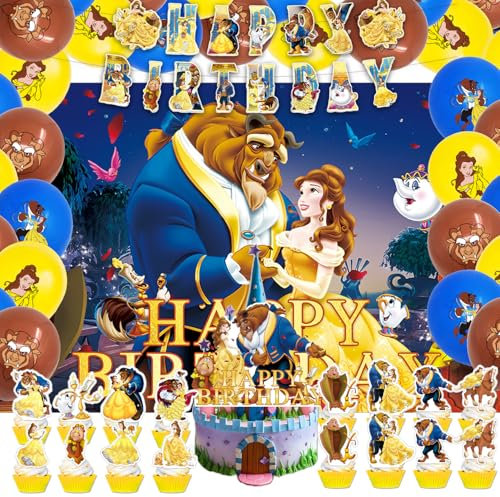 42pcs Beauty and the Beast Party Plates Supplies Pack Includes,Banner,Cake Topper,Blackdrop,Balloons for Beauty and the Beast party decoration