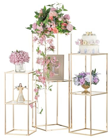Inweder Blumenständer Metall Gold Vasen Hochzeit: 60/80/100 cm 2-Schicht Vase für Tafelaufsatz Geometrische Blumensäule Metall für Geburtstag Party Pflanzenständer Gold für Wohnzimmer Deko, 3 Stück