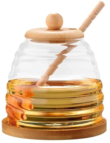 Penbinmall Barattolo per Miele 500ml - Porta Miele Trasparente Vasetto per Miele, Barattoli per Miele in Vetro con Coperchi e Cucchiaio per Conservazione e Distribuzione di Miele e Sciroppo