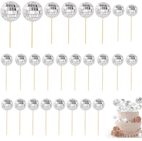 26-Piece Disco Ball Cake Toppers for 1970s Themed Birthday Party Supplies - Mini Decorations in 3 Sizes