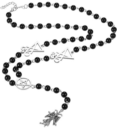 Aroncent Herren Halskette Kruez Anhänger: Edelstahl Mode Religion Satanic Rosenkranz Taufe Kette Schwarze Perlenkette Goat Mendes Schmuck