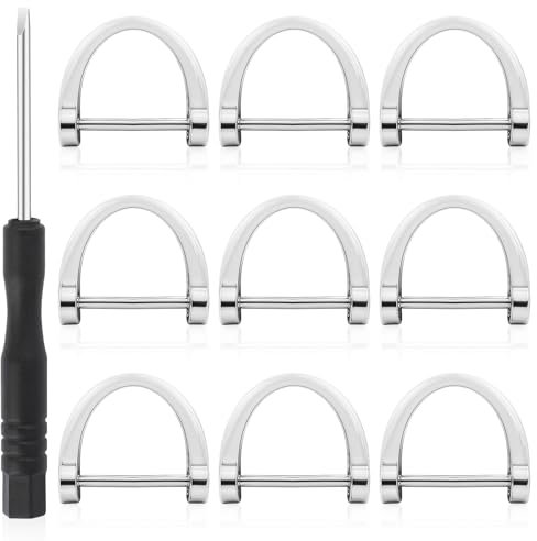 9 PCS D Ring Keychain with Screwdriver, Key Chain Clip Hooks Heavy Duty D Shape Key Ring with Screw Shackle for Car Keys Leather Craft Purse Horseshoe Shape Lanyard Collars Making Tools Silver